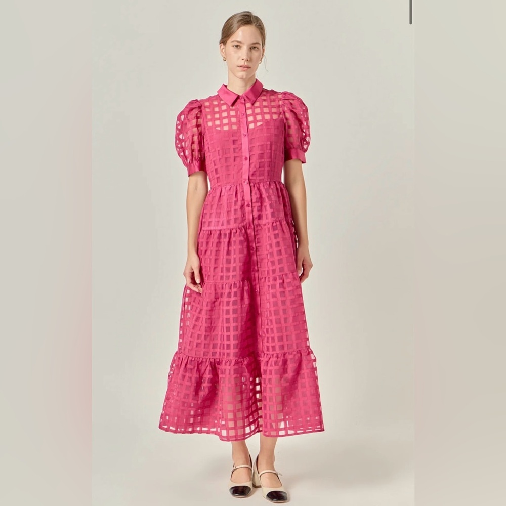 English Factory GRIDDED ORGANZA TIERED MAXI DRESS
